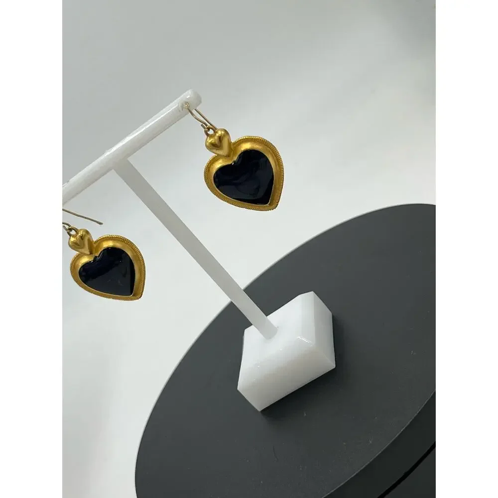 Vintage Gold Tone‎ and Black Enamel Heart Dangle Drop Earrings